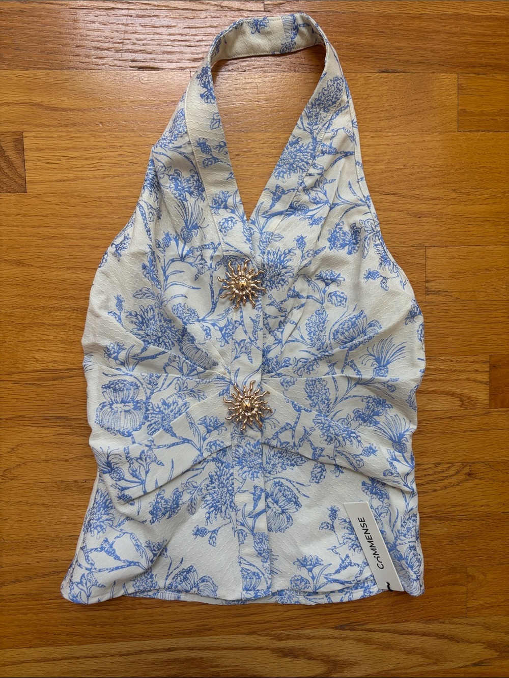 Commense Blue and Cream Floral Halter Camisole with Gold Sunburst Buttons